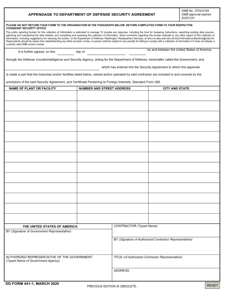 DD Form 441-1 – Appendix to Department of Defense Security Agreement ...