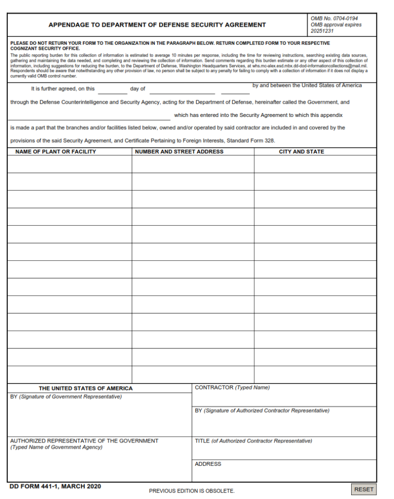 DD Form 441-1 – Appendix to Department of Defense Security Agreement ...
