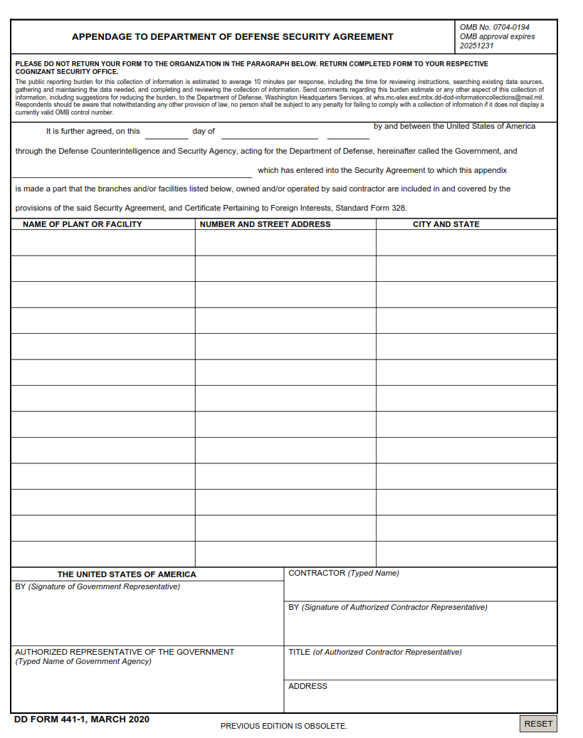 DD Form 441-1 - Appendix to Department of Defense Security Agreement