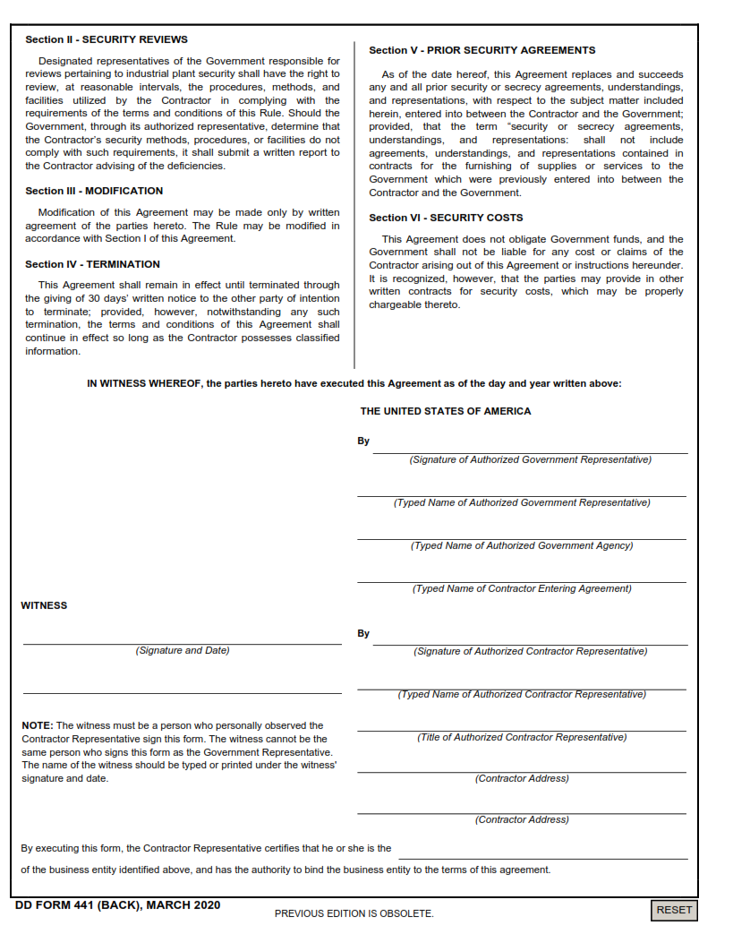 DD Form 441 - Department of Defense Security Agreement part 2
