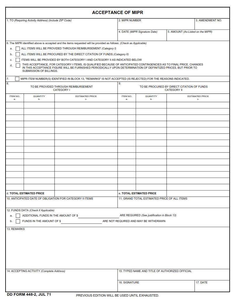 DD Form 448-2 - Acceptance of MIPR