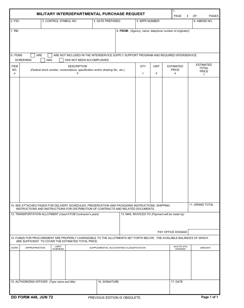 DD Form 448 - Military Interdepartmental Purchase Request