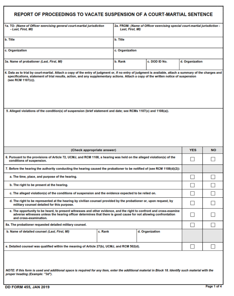 DD Form 455 – Report of Proceedings to Vacate Suspension of a Court ...