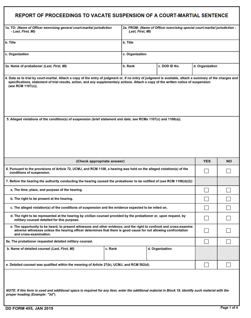 DD Form 455 - Report of Proceedings to Vacate Suspension of a Court-Martial Sentence part 1