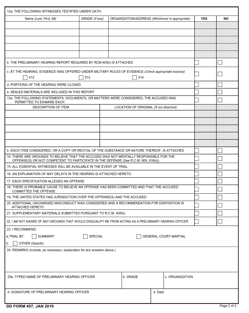 DD Form 457 - Preliminary Hearing Officer's Report part 2