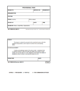 DD Form 460 - Provisional Pass