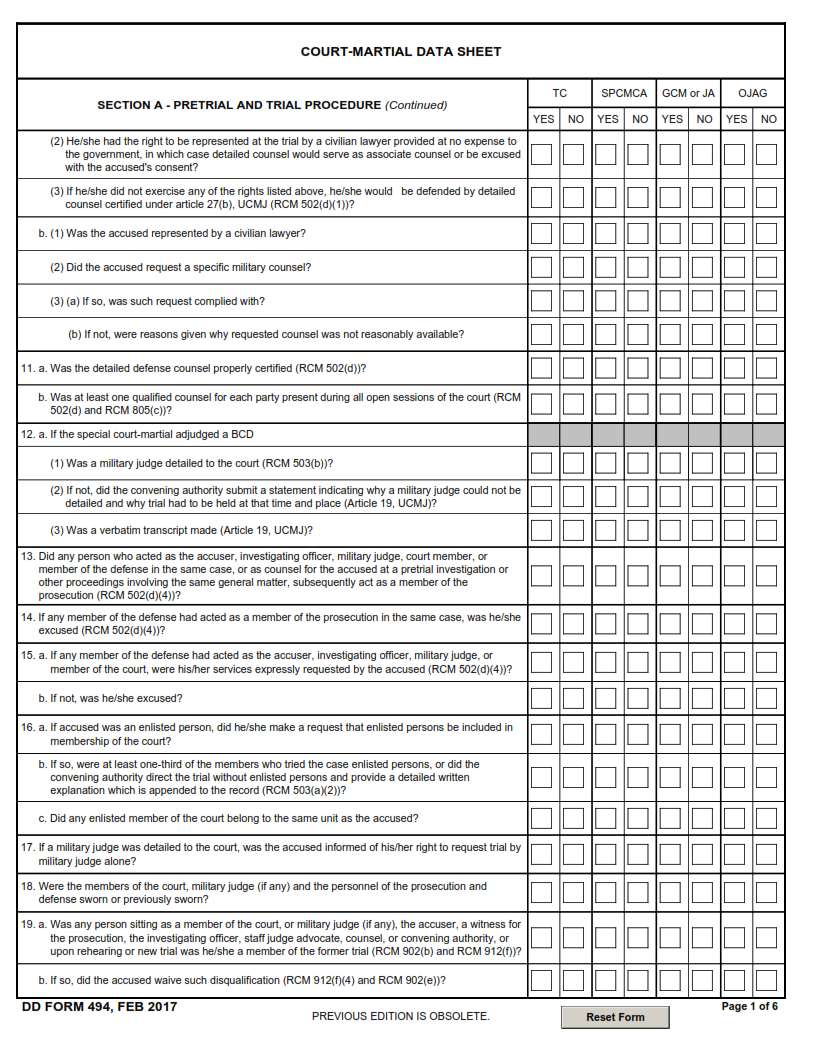 DD Form 494 - Court-Martial Data Sheet Part 2