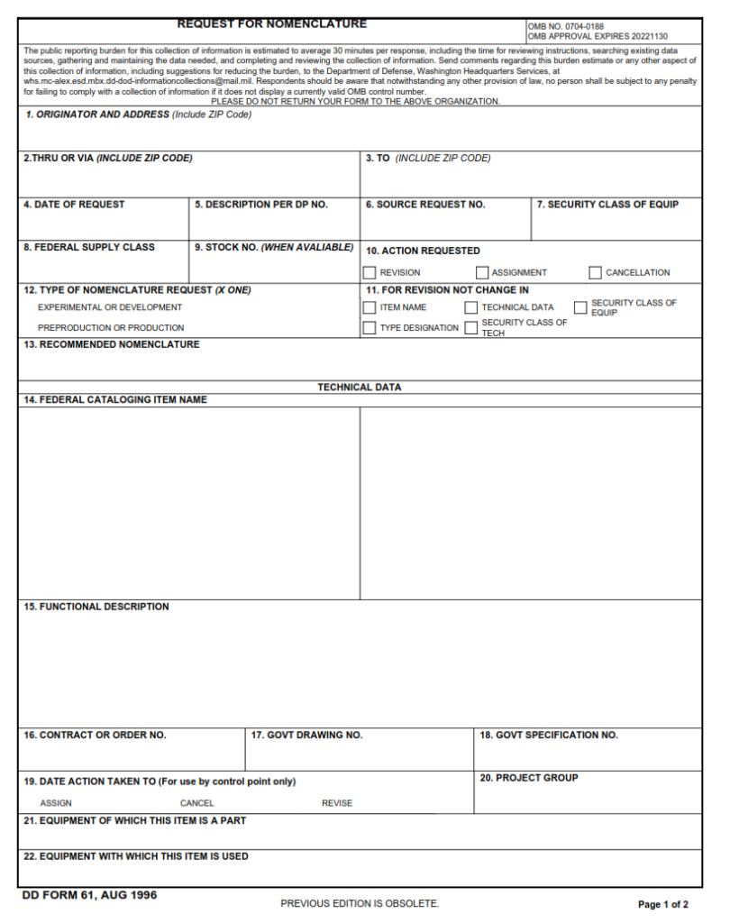 DD Form 61 – Request For Nomenclature | Origin Form Studio