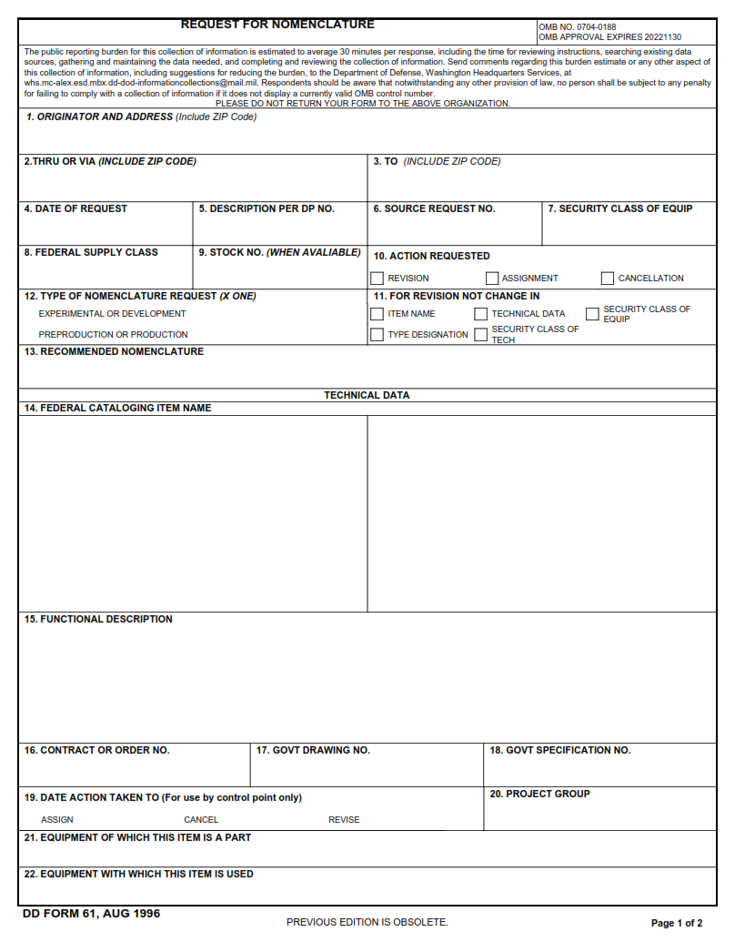 DD Form 61 - Request For Nomenclature Part 1