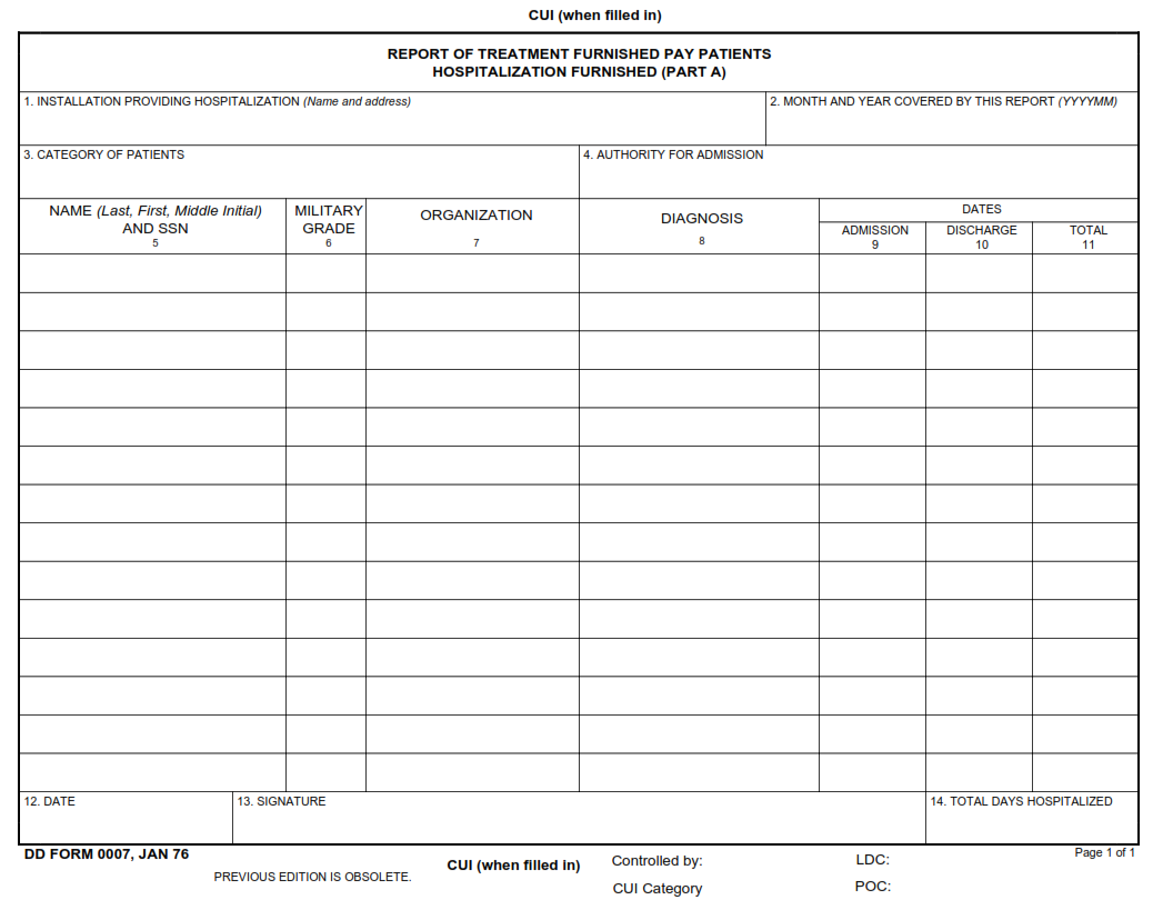 DD Form 7 - Report of Treatment Furnished Pay Patients Hospitalization Furnished (Part A)