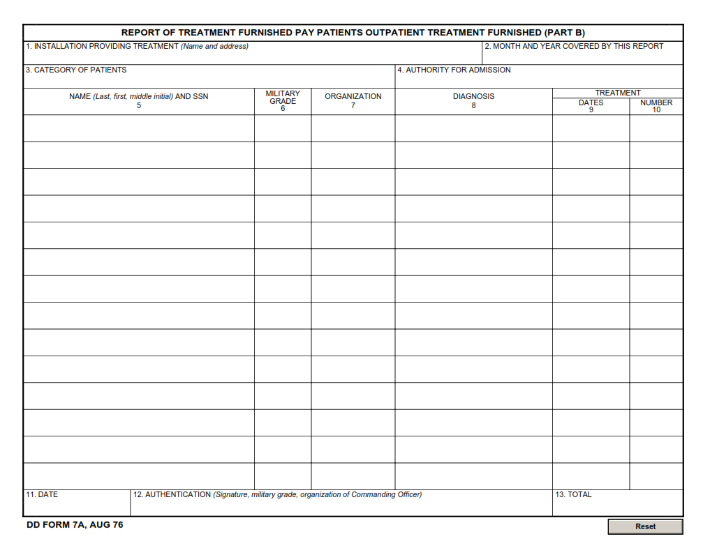 DD Form 7A - Report of Treatment Furnished Pay Patients Outpatient Furnished (Part B)