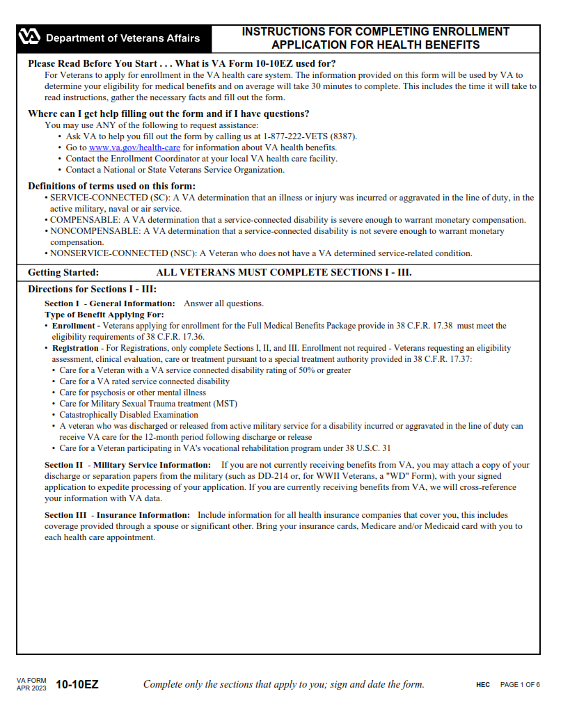 VA Form 10-10EZ - Printable, Fillable in PDF Part 1
