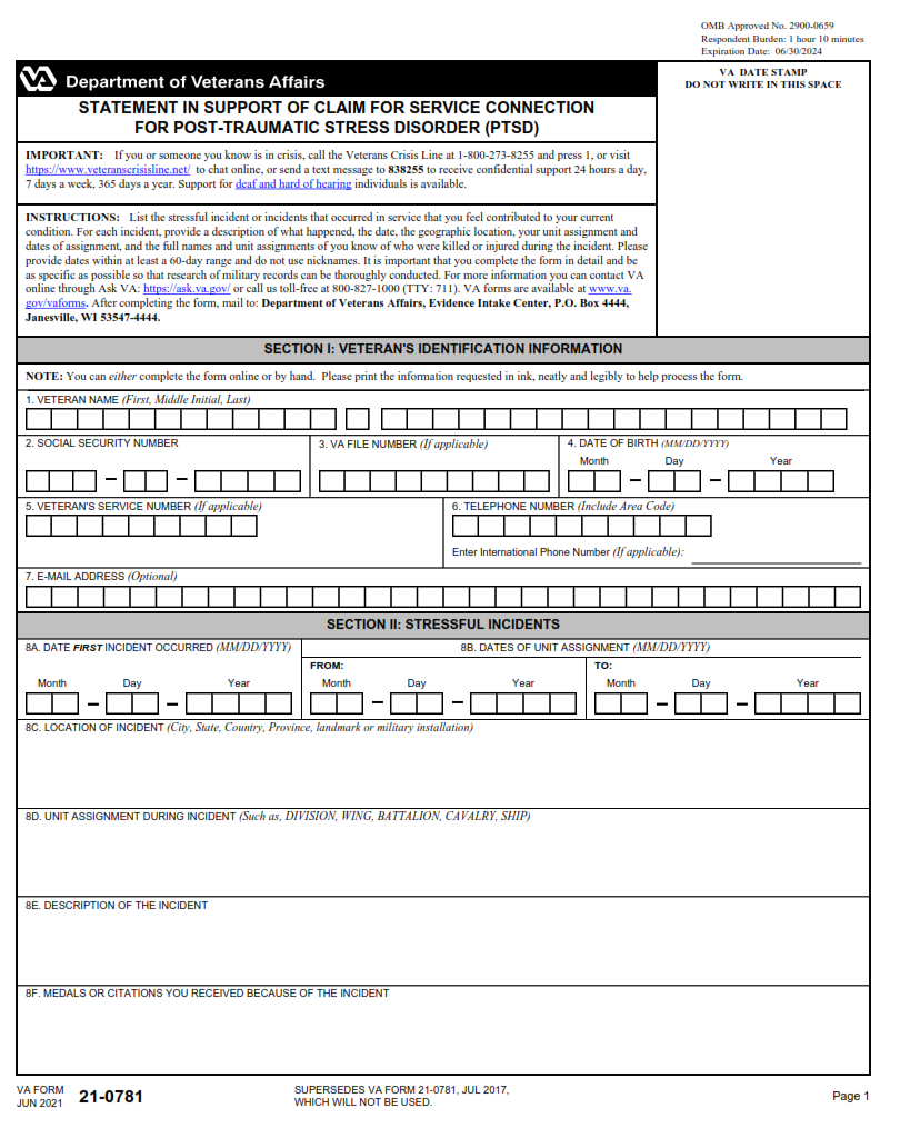 VA Form 21-0781 - Printable, Fillable in PDF Part 1