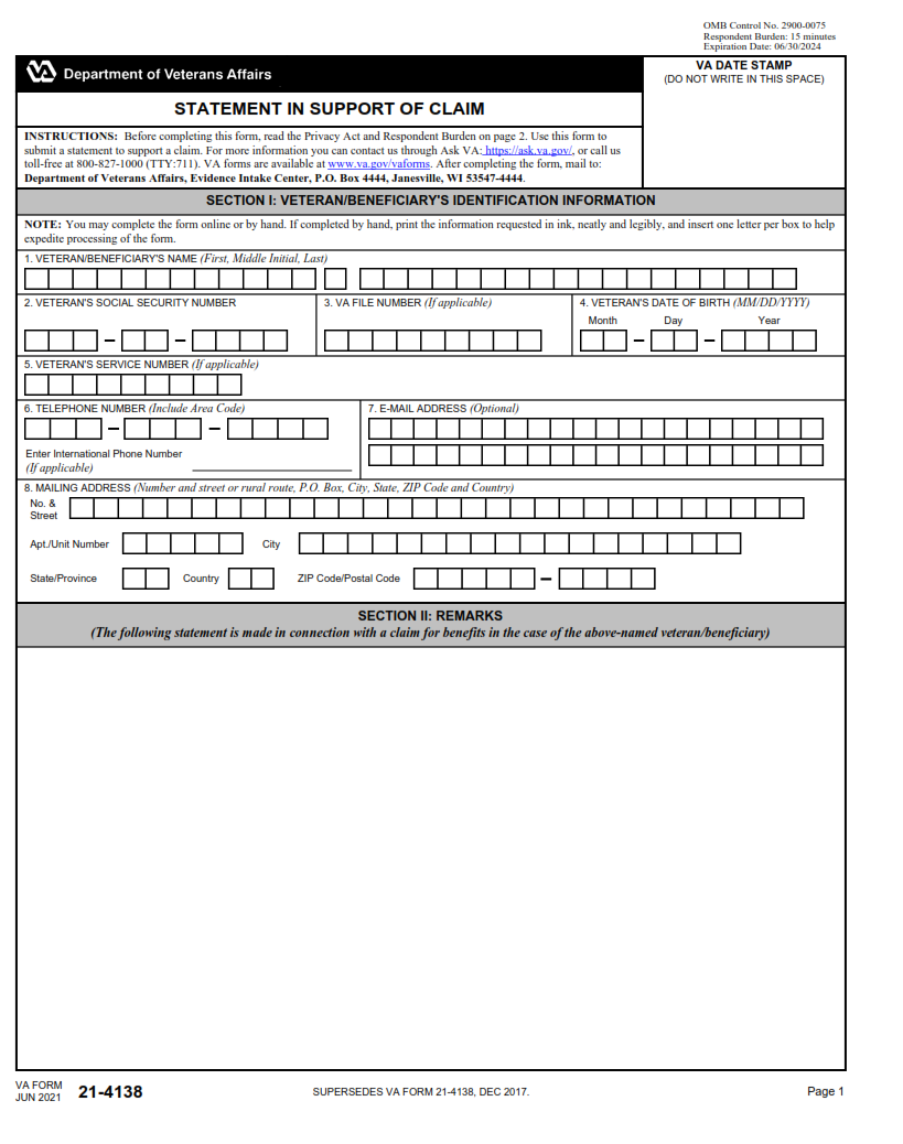 VA Form 21-4138 - Printable, Fillable in PDF Part 1
