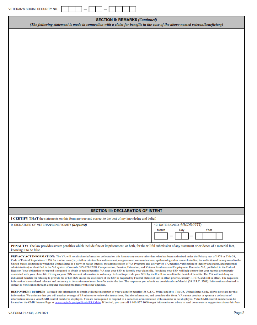VA Form 21-4138 - Printable, Fillable in PDF Part 2