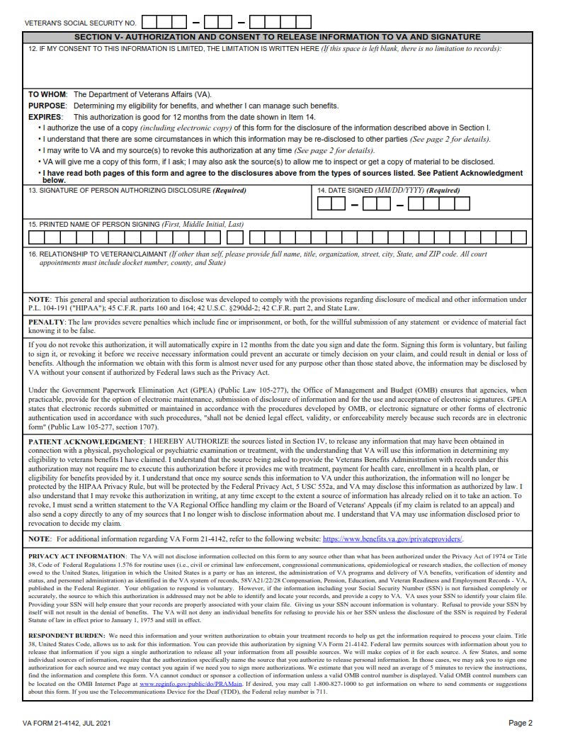 VA Form 21-4142 - Printable, Fillable in PDF Part 2