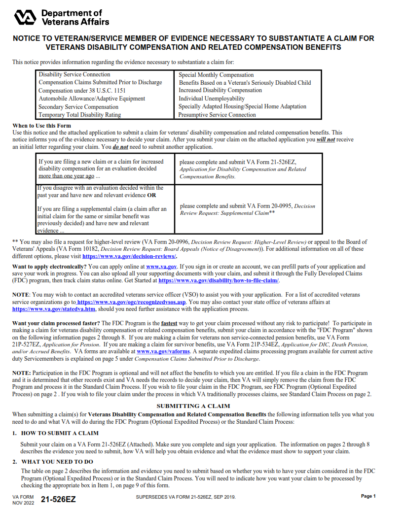 VA Form 21-526EZ - Printable, Fillable in PDF Part 1
