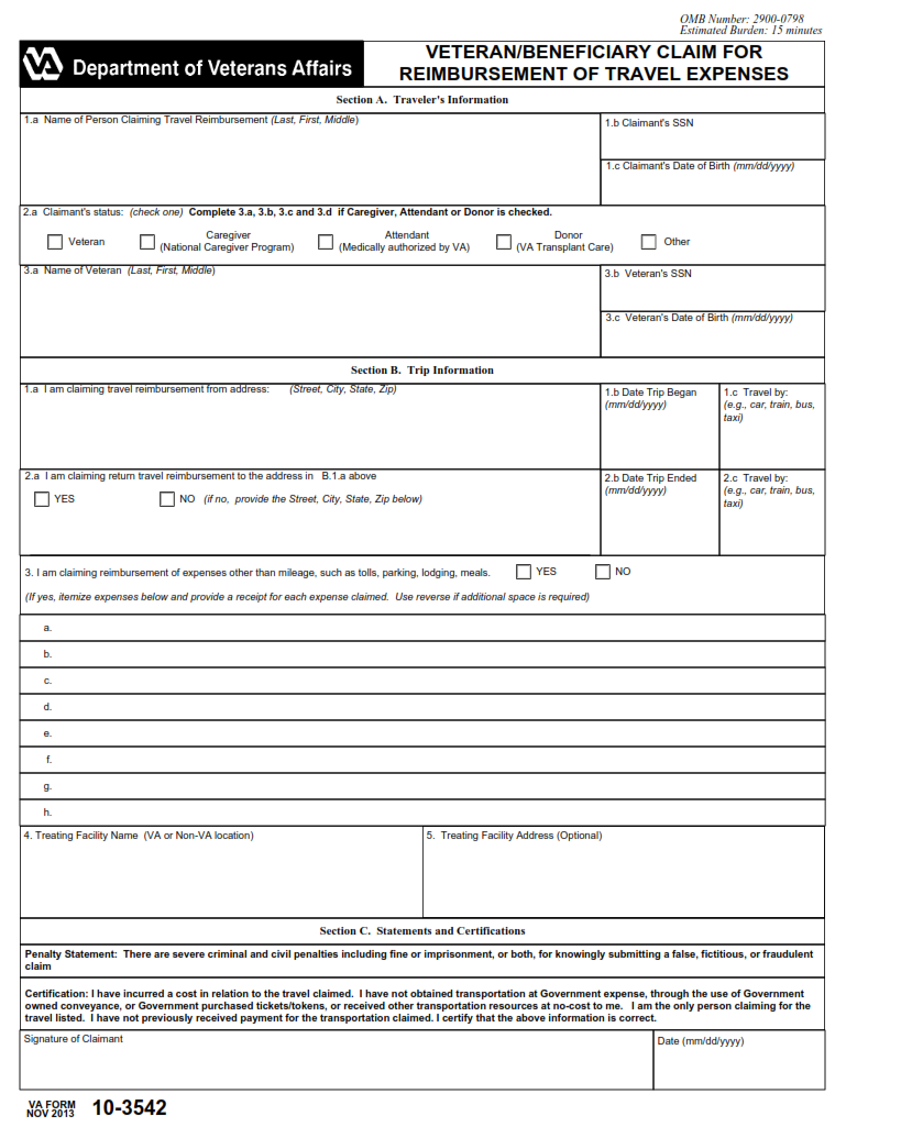 VA Form 10-3542 - Veteran Beneficiary Claim for Reimbursement of Travel Expenses Part 1