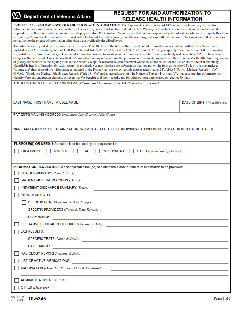 VA Form 10-5345 - Request for and Authorization to Release Health Information Part 1