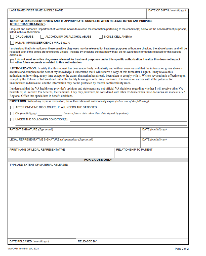 VA Form 10-5345 - Request for and Authorization to Release Health Information Part 2