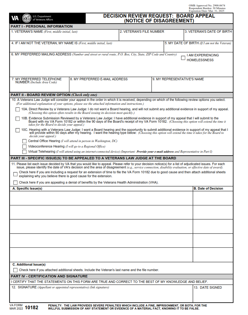 VA Form 10182 - Printable, Fillable in PDF Part 1