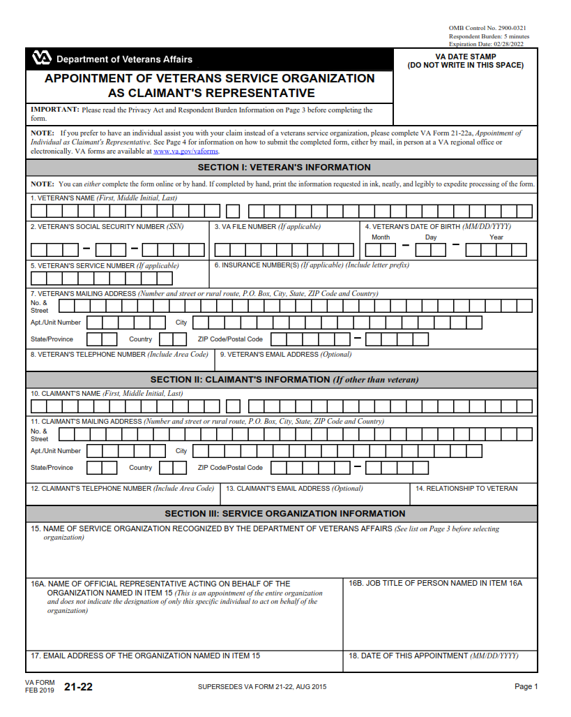 VA Form 21-22 - Printable, Fillable in PDF Part 1