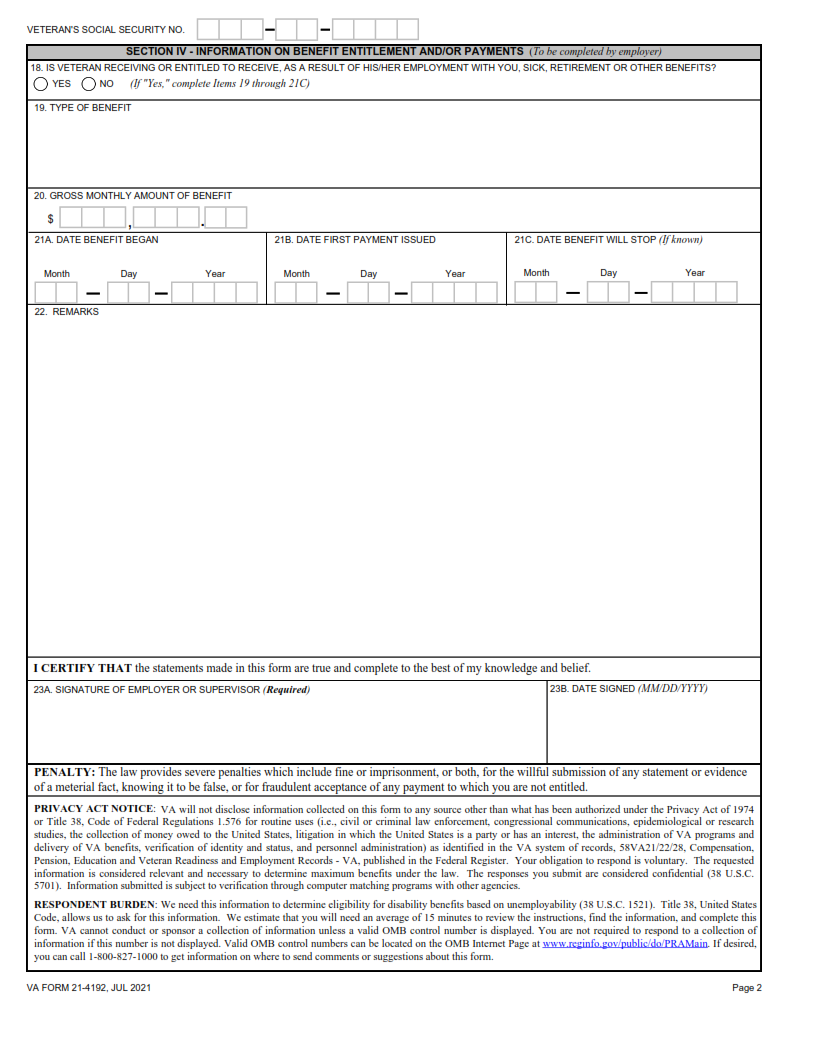 VA Form 21-4192 - Printable, Fillable in PDF Part 2