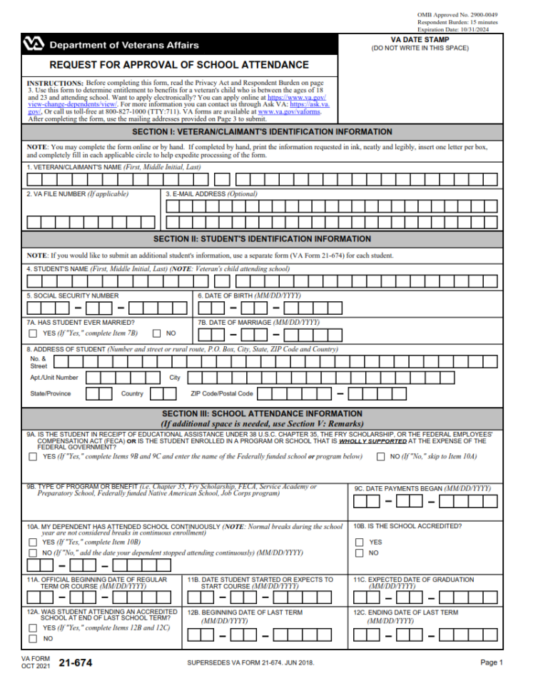 VA Form 21-674 – Request for Approval of School Attendance | Origin ...