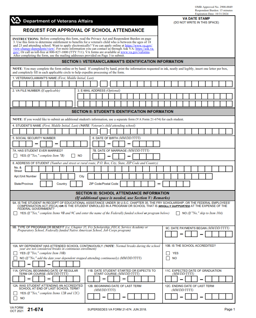 VA Form 21-674 - Request for Approval of School Attendance Part 1