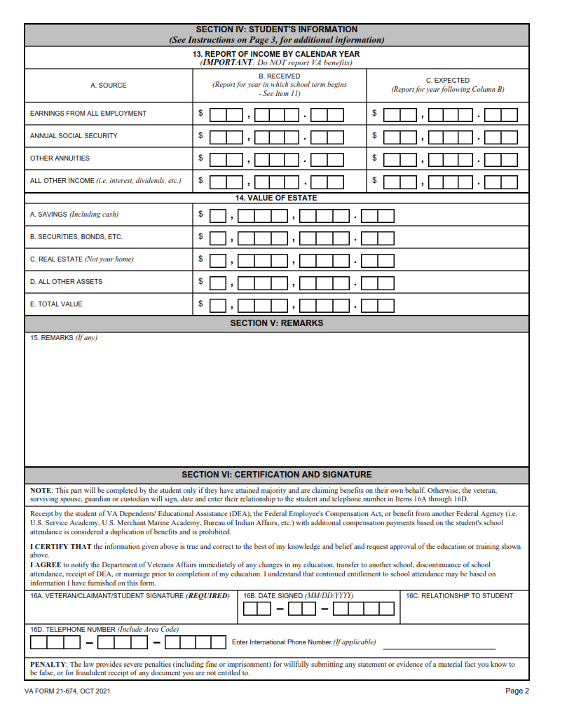 VA Form 21-674 - Request for Approval of School Attendance Part 2