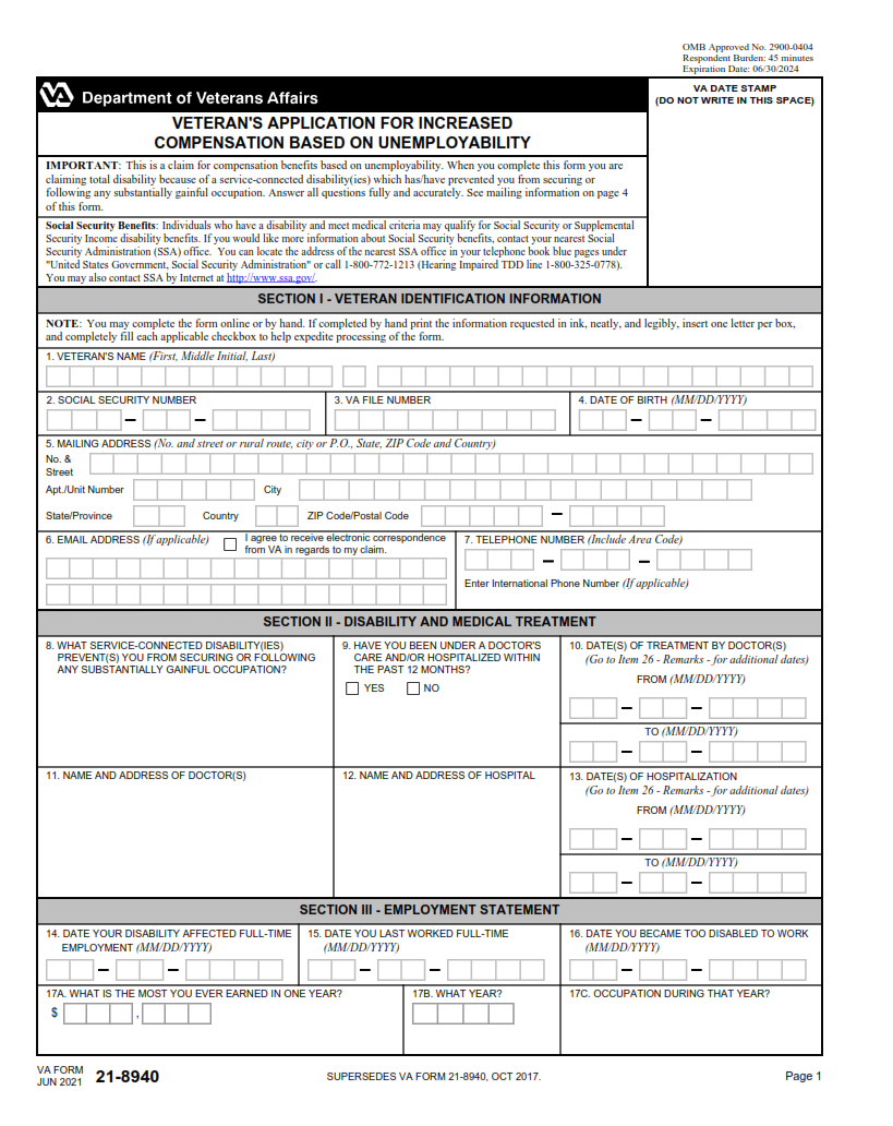 VA Form 21-8940 - Printable, Fillable in PDF Part 1