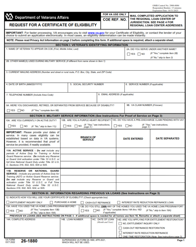 VA Form 26 1880 Request For A Certificate Of Eligibility Origin Form Studio