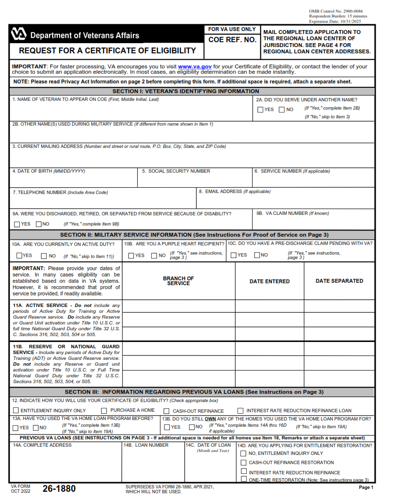 VA Form 26-1880 - Request for a Certificate of Eligibility Part 1