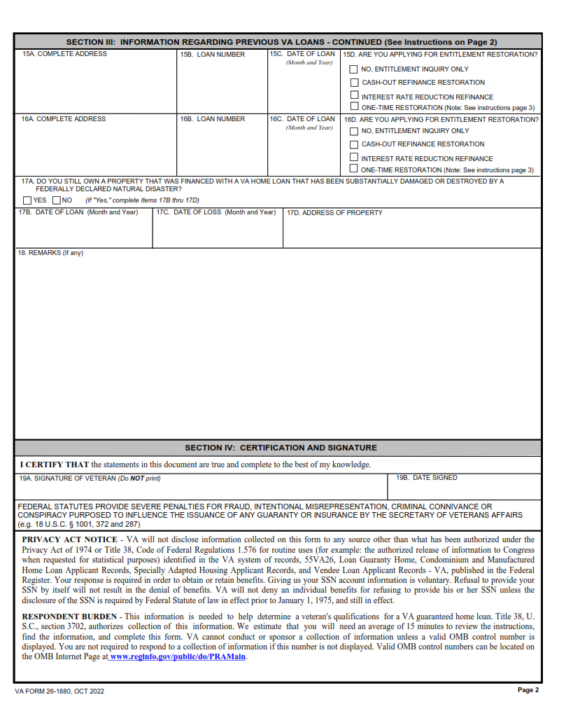 VA Form 26-1880 - Request for a Certificate of Eligibility Part 2